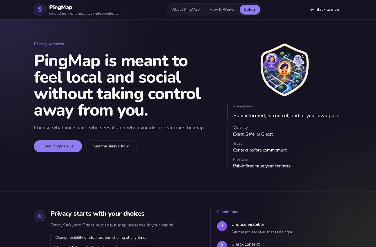 PingMap safety page explaining Exact, Safe and Ghost visibility for meeting new board game players