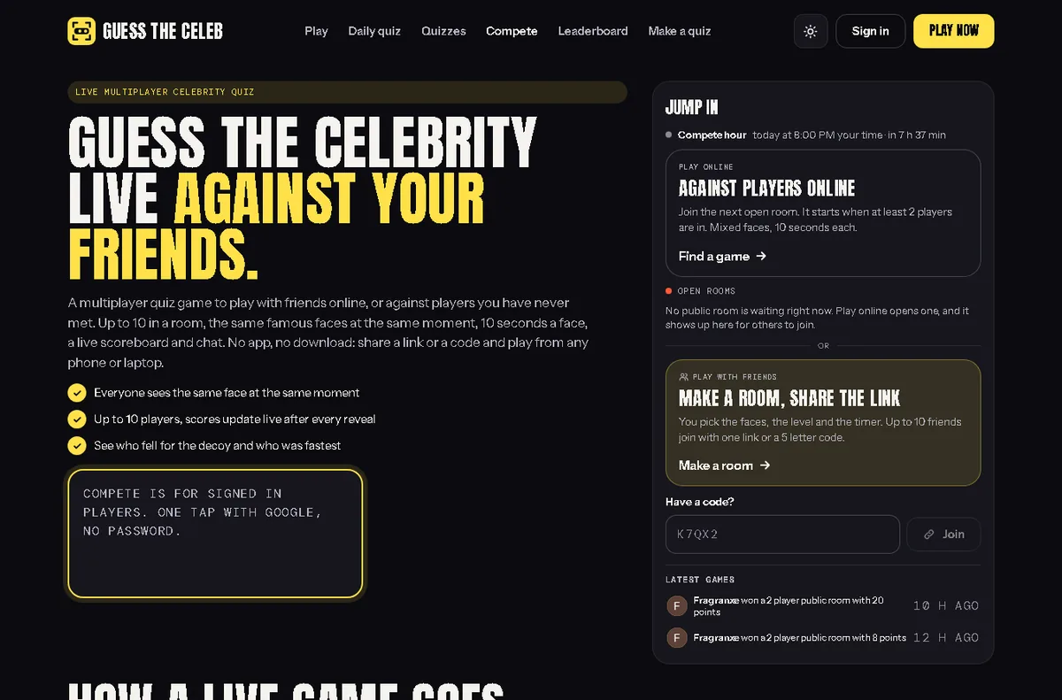Guess the Celeb Compete page with options to play online, make a room and share a link, or join by code
