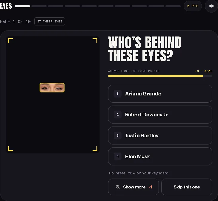 Screenshot of the Guess the Celeb eyes round: a narrow crop from an edited composite image made for the quiz, with four name options