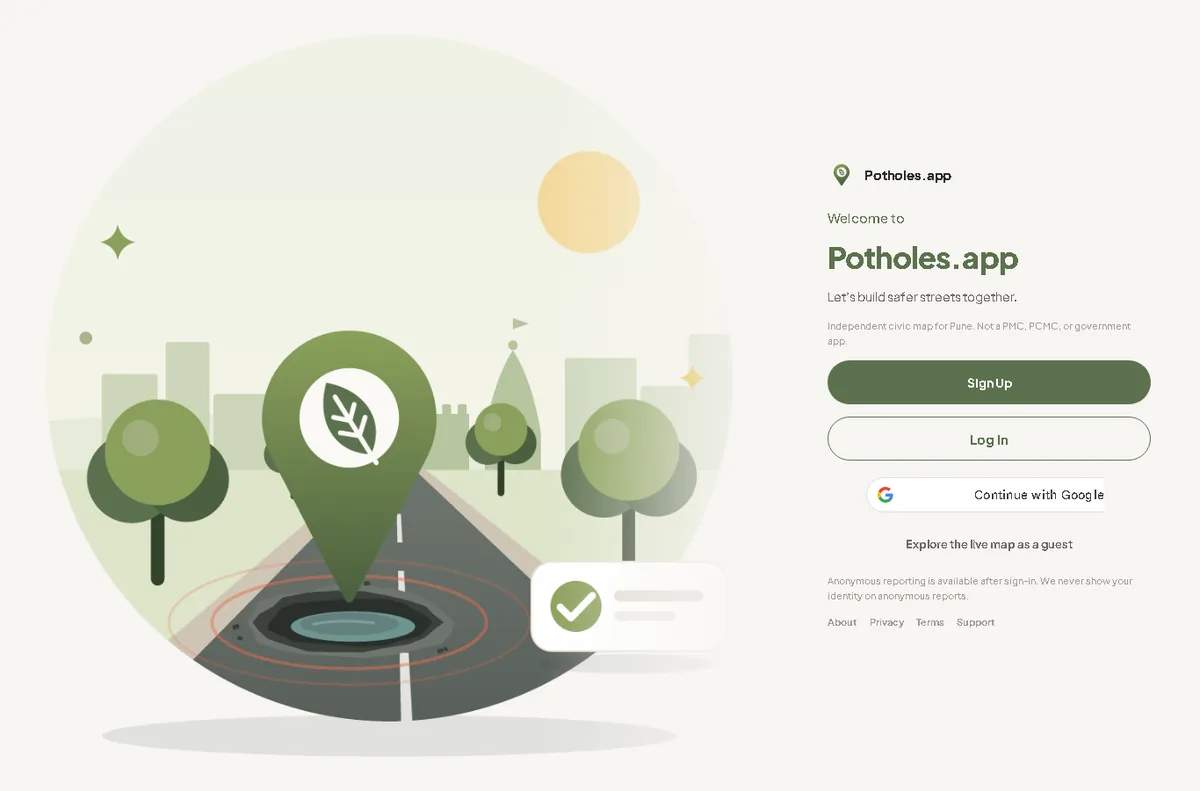 Potholes.app welcome screen, an independent civic map for Pune and Pimpri-Chinchwad where unsigned potholes get pinned