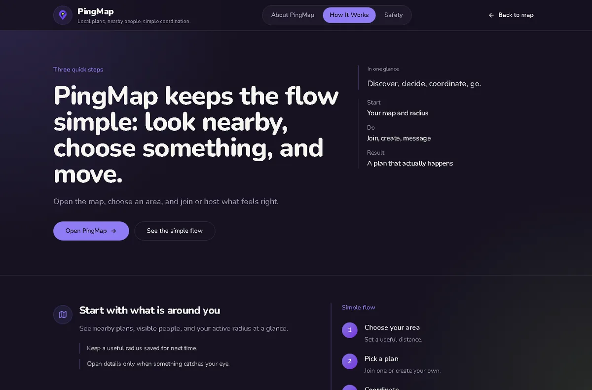 PingMap How It Works page showing how to find or post a watch party plan nearby
